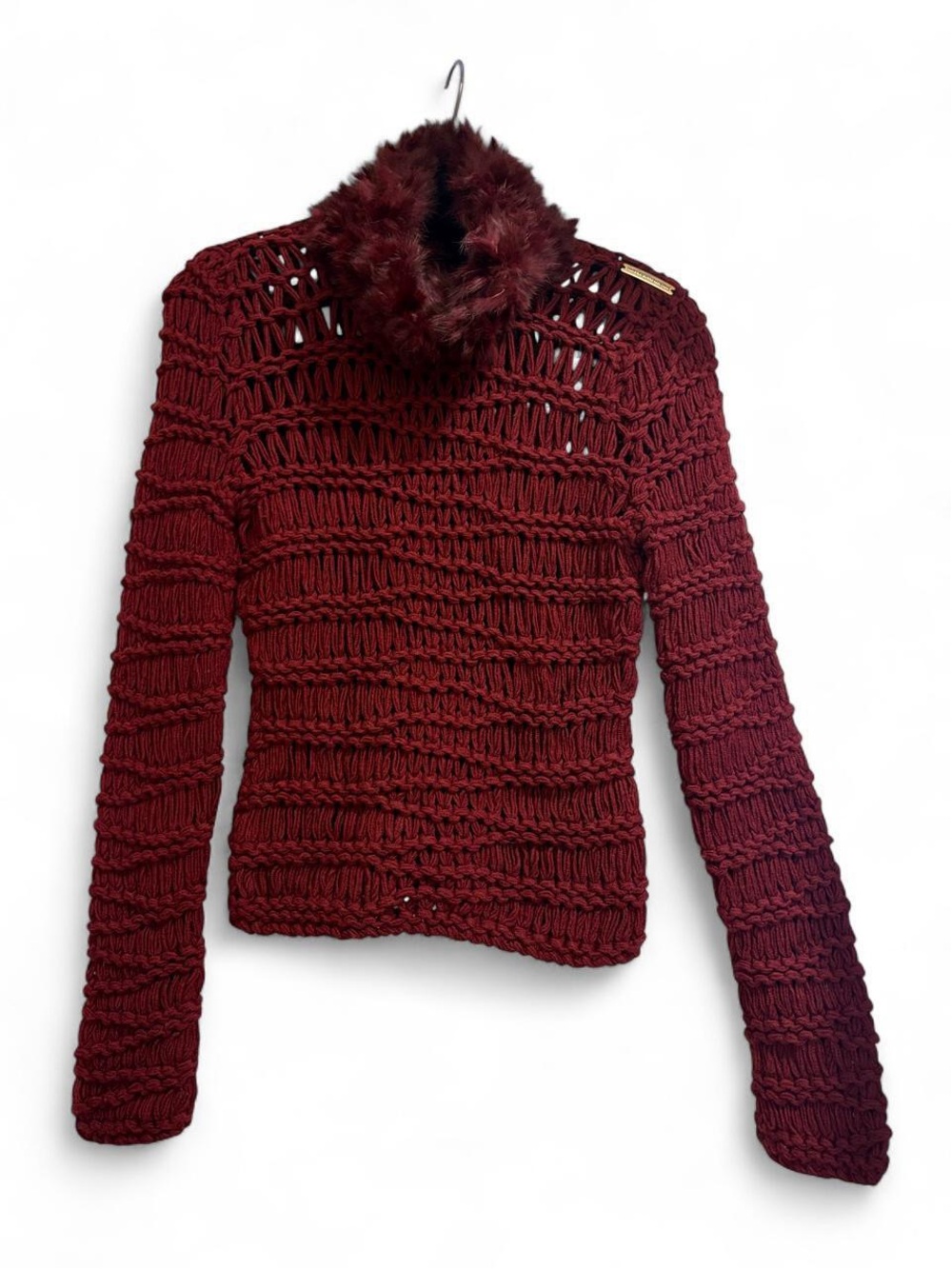 Versace Jeans Collection Open-Knit Burgundy Sweater with Faux Fur Collar